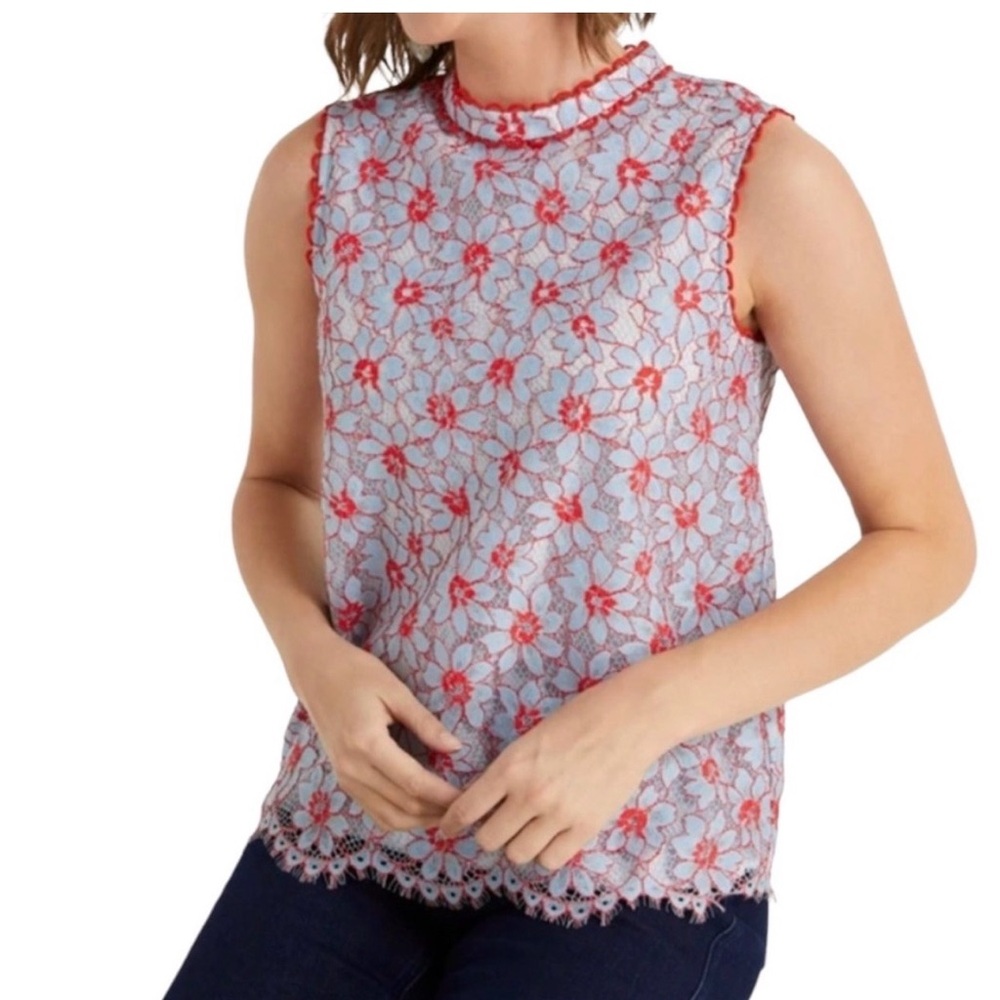 Draper James Floral Lace Blouse Sleeveless Eyelet Red Pastel Blue M 10